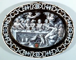 Bröllopsfesten av Psyche Oval Plat i emalj målad på koppar från den franska skolan. 1560 Paris, Louvren
