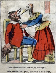 Vargen och storken. Fabler av Jean de La Fontaine (1621-95). Epinal avbildning från slutet av 1800-talet.