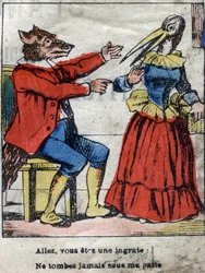 Vargen och storken. Fabler av Jean de La Fontaine (1621-95). Epinal avbildning från slutet av 1800-talet.
