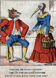 Vargen och storken. Fabler av Jean de La Fontaine (1621-95). Epinal avbildning från slutet av 1800-talet.