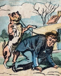 Världen upp och ner, ett imaginärt land: en hund som går sin husse med koppel - Epinal bild