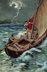 Den unge Jules Cesar (100-44 f.Kr.) som korsar Adriatiska havet för att ansluta sig till Dalmatien avancerar modigt trots stormen, säker på sin goda stjärna och öde (Ung Julius Caesar (100-44 f.Kr.) korsar modigt Adriatiska havet på sitt skepp, i trots tem