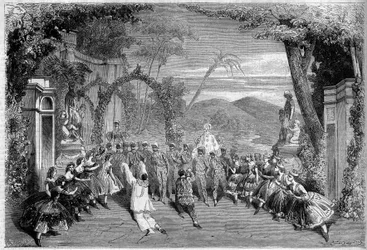 Teaterrepresentation: Akt II, sista scen av "Les Dances nationles de la France" av Lambert Thiboust (1826-1867), Alfred Delacour (1815-1883) och Clairville (1811-1879). Paris, Theatre des Varietes