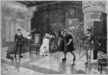Teaterrepresentation: "" Hernani"" av Victor Hugo (1802-1885), akt I scen 3. Paris, Comedie Francaise