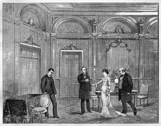 Teaterrepresentation: "" Jean Beaudry"" av Auguste Vacquerie (1819-1895). 4:e akten. Paris, Theatre Francais (Comedie Francaise). Gravyr från 1880 i "The Illustrious Republic"" privatsamling.