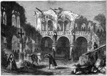 Teaterrepresentation: "The Funerailles of Honour" (akt VII, sista scen) av Auguste Vacquerie (1819-1895). Paris, Theatre de la Porte Saint Martin