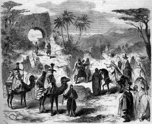 Teaterrepresentation: karavanen, scen för första akten av "massakrerna i Syrien"" av Victor Sejour (1816? -1874). Paris, Theatre Imperial du Cirque