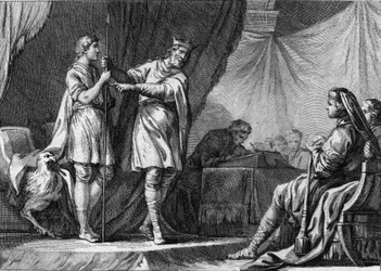 Thibaut I (Theodebald, ca 535-555), kung av Austrasien, avvisar erbjudandet från den bysantinske kejsaren Justinianus ambassadörer att överge försvaret av östgoterna och ansluta sig till imperiet. Gravyr av 1700-talet.