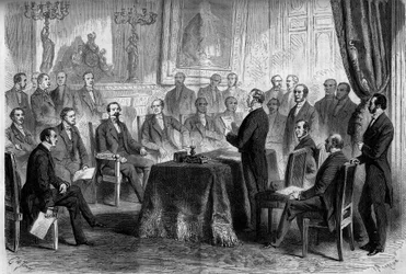 Tredje republiken: möte för statsrådet i Tuilerierna i närvaro av Napoleon III (1808-1873) och baron Eugene Georges Haussmann, prefet av Paris (1809-1891). Gravyr i "" Le Monde Illustré"" nr 291 av den 8 november 1862.