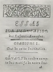Titelsida för det första kapitlet i Essai sur leducation des aveugles av Valentin Hauy (1745-1822) publicerad 1786