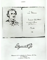 Titelsida av Les Poemes av Edgar Allan Poe (1809-49) översatt av Stephane Mallarme (1842-98) med ett porträtt av författaren, 1888