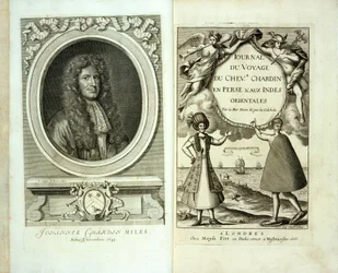 Titelsida och frontispice-porträtt av Journal du Voyage de Chevalier Chardin en Perse et aux Indes Orientales av Jean Chevalier Chardin, 1686