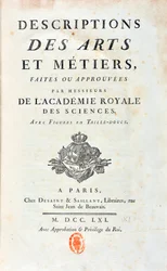 Titelsidan för "" Beskrivningar av konster och metiers gjorda eller godkända av herrar från Royal Academy of Sciences"". 1761