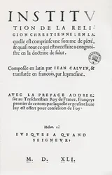 Titelsidan för Institutes of the Christian Religion av John Calvin, franska första upplagan, 1541