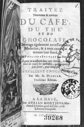 Titelsidan för New and Curious Treatise on Coffee, Tea and Chocolate av Philippe Sylvestre Dufour, La Haye, publicerad 1693