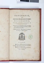 Titelsidan för Concordat et Recueil des Bulles et Briefs de N. S. P. le Pape Pius VII, utgiven av Giovanni Battista Caprara, Paris, Chez Le Clers, 1802 (tryckt papper)