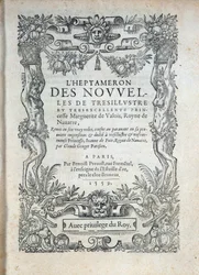 Titelsidan för "" the Heptameron""": berättelser eller nyheter av Margarita av Navarra (Marguerite av Valois, Marguerite av Angouleme eller Marguerite av Frankrike (1492-1549) drottning av Navarra och poetinna