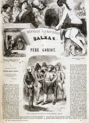 Titelsidan för den ursprungliga utgåvan av Balzacs roman "" Fader Goriot"" i "" Illustrerade verk av Balzac"": "" Goriot var ordförande för sektionen under revolutionen"" . ¿