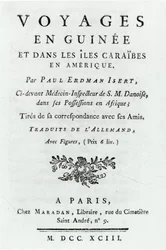 Titelsida för Travels in Guinea and the Caribbean Islands in America av Paul Erdman Isert, publicerad 1743