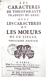 Titelsidan för The Characters of Theophraste översatt från grekiskan, med Characters or the manners of this century av La Bruyere (1645-96) 1688