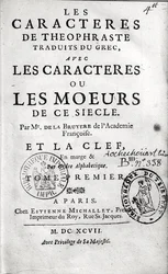 Titelsidan för Theophrastuss Les Characteres ou les Moeurs översatt av Jean de la Bruyere (1645-96) 1697