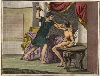 Titus Manlius Torquatus (konsul 347 f.Kr.) beväpnad med en kniv, tvingar tribunen Marcus Pomponius att dra tillbaka anklagelser mot hans far Lucius Manlius Capitolinus Imperiosus, som framförde