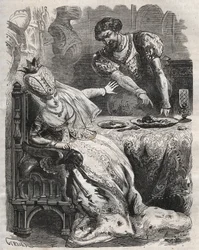 För att hämnas för sin fru Gabrielle de Vergys otrohet, låter Eudes de Fayel honom äta utan hans vetskap hjärtat av sin älskare, Raoul de Coucy. Scen av en legend från 1100-talet enligt vilken Raoul I de Coucy (efter 1142-1191) bad att h