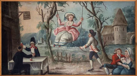Till de tre förenade stånden. Prästerskapet, adeln och tredje ståndet förenade i en krog. En ung kvinna gungar. Målad skylt för en kokardhandlare, troligen från Palais Royal, anonym målning, revolutionsperioden