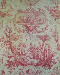 Toile de Jouy (efter mönster av Jean-Baptiste Huet 1772-1793), Illustrerande en allegori av Ludvig XVI (1754-1793), kung av Frankrike, återställare av frihet i februari 1790 (tryckt bomull)