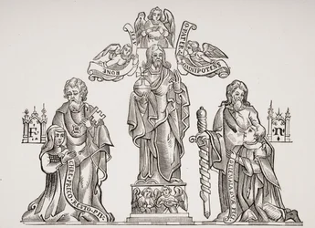 Gravdekoration föreställande Nicholas Flamel (c.1330-c.1418) och hans hustru Pernelle, efter dekorationer på de oskyldigas kyrkogård, Paris, från Le Moyen Age et La Renaissance av Paul Lacroix (1806-84)