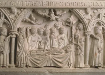 Biskop Radulphes grav (d. 1266), detalj från sarkofagen som visar en procession och tar Radulphes själ till himlen (se även 171276)