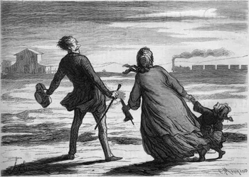 För sent! : en familj missade precis sitt tåg. Tecknad av Honore Daumier (1808-1879). Gravyr i "" Le Monde Illustré"" nr 286 den 4 oktober