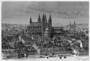 Tournai: yttre vy av Notre-Dame (Notre Dame) och panorama över staden. Gravyr av Barclay, för att illustrera berättelsen "" Belgien", av Camille Lemonnier (1844-1913) belgisk författare. Publicerad i Le Tour du monde, nouveau journal des voyages, 2nd semes