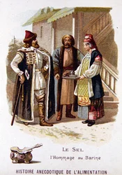 Traditionellt ryskt erbjudande av bröd och salt till en besökare (färg litho)