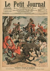Tragisk vildsvinsjakt: Carlos I, Portugals kung, får sin häst dödad under sig, omslagsillustration från ”Le Petit Journal”, illustrerat supplement, 23 december 1906