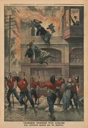 Tragisk brand i en verkstad i Newark, New Jersey, illustration från 