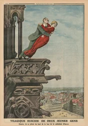 Två unga människors tragiska självmord från tornet på katedralen i Antwerpen, illustration på baksidan ur «Le Petit Journal, supplément illustré», 11 maj 1913