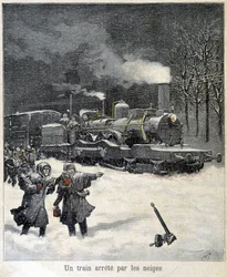 Tåget tvingades stanna av snö. Illustration av tidningen "" Le Petit Parisien"" från mars 1892.
