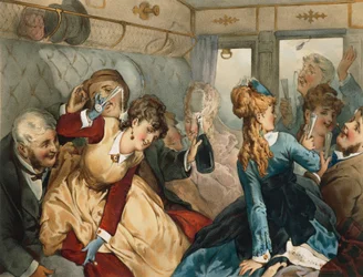 Tåg av nöje, illustration för Madame Telliers hus, av Guy de Maupassant (1850-1893)