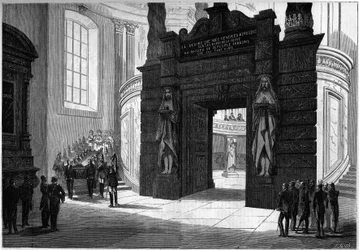 Överföring av askan från Napoleon I (1769-1821) från kapellet Saint Hieronymus till graven som byggdes under invalidernas kupol. Paris, 2 april 1861. Gravyr i "" Le Monde Illustré"" nr 209 av 13 april 1861.