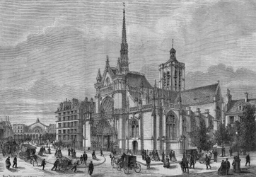 Förvandlingar av Paris under det andra imperiet, Haussmannian Paris: utsikt över den nya neogotiska fasaden av Saint Laurent-kyrkan, boulevard de Strasbourg, restaurerad av arkitekten Simon Claude Constant Dufeux (Constant-Dufeux) (1801-1870)