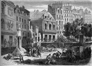 Förvandlingar av Paris under det andra imperiet, Haussmann Paris: rivning av teatrar i templet för genomborrning av Boulevard du Prince Eugene (idag boulevard Voltaire). Gravyr i "" Le Monde Illustré"" nr 278 den 9 augusti