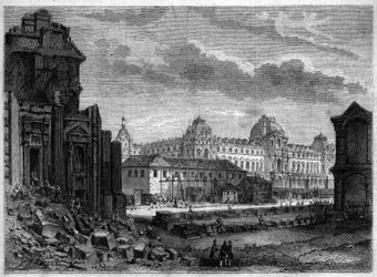Förvandlingar av Paris under det andra imperiet, Haussmann Paris: rivning av Flore-paviljongen och verk på Tuileriernas gård - Gravyr i "" Le Monde Illustré"" nr 244 av 14 december 1861