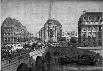 Förvandlingar av Paris under det andra imperiet, Haussmann Paris: utsikt över fontänen Saint Michel (1860) på Boulevard de Sebastopol. Gravyr i "" Le Monde Illustré"" nr 175 av 18 augusti 1860.