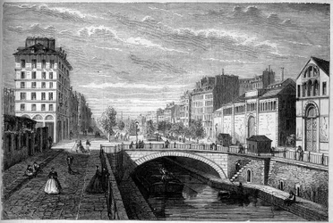 Förvandlingar av Paris under det andra imperiet, Haussmanniska Paris: utsikt över boulevarden Richard Lenoir som är etablerad vid valvet av Canal Saint Martin. Gravyr i "" Le Monde Illustré"" nr 233 den 28 september