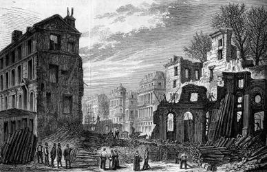 Förvandlingar av Paris under det andra imperiet, Paris Haussmann: genomborrning av boulevarden Saint Germain, utsikt tagen från rue saint dominique. Gravyr från 1870.