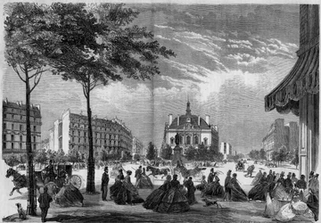 Förvandlingar av Paris under det andra imperiet, Paris Haussmann: det nya rådhuset i XI arrondissementet i Paris. (Du kan se Voltaire Boulevard och Parmentier Avenue). Gravity från 1865.