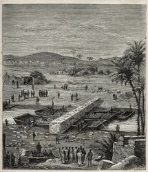 Transport av obelisken av Ptolemaios Philadelph (Ptolemaios Philadelphos) (Ptolemaios II) på Nilen till Alexandria - Gravyr i "" Vetenskaper tillgängliga för alla - Populär fysik och kemi"" av Alexis Clerc - Slutet av 1800-talet - Privat samling