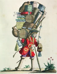 Resande krydd-, sprit- och botemedelssäljare 1721, från Costumes de Paris a Travers les Siecles, publicerad 1887 (färggravyr)