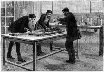 Trepanation av en kanin i Louis Pasteurs (1822-1895) laboratorium, för studier av rabies, teckning efter naturen av C. Gilbert. Gravyr i "La Nature. Revue des sciences et de ses applications aux arts et à l